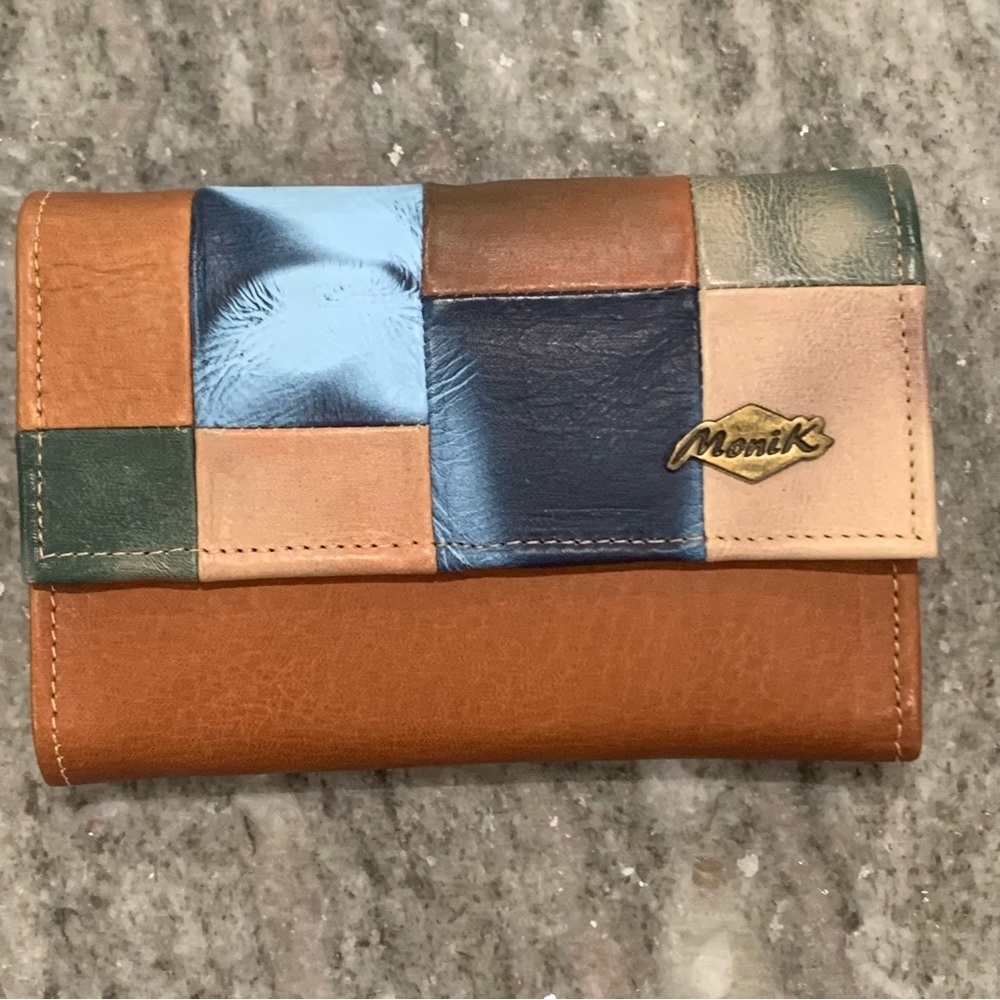 Monik Genuine Leather trifold ladies patchwork wallet